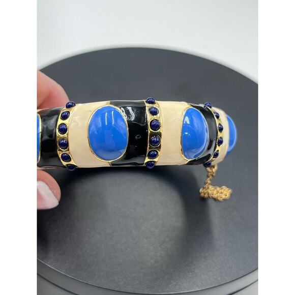 J. Crew Blue Enamel Tan Gold Tone Hinged Safety Chain Bangle Bracelet - Picture 12 of 15